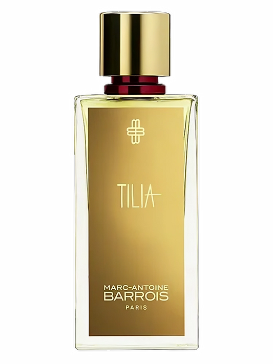 Marc-Antoine Barrois Tilia perfume Tester bottle with a gold cap, clear glass body, and a gold label on a white background.